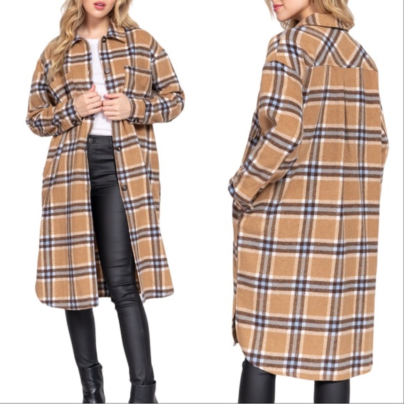 CHICBOMB Jackets & Blazers - WOOL PLAID LONG SHACKET - TAUPE LIGHT BLUE